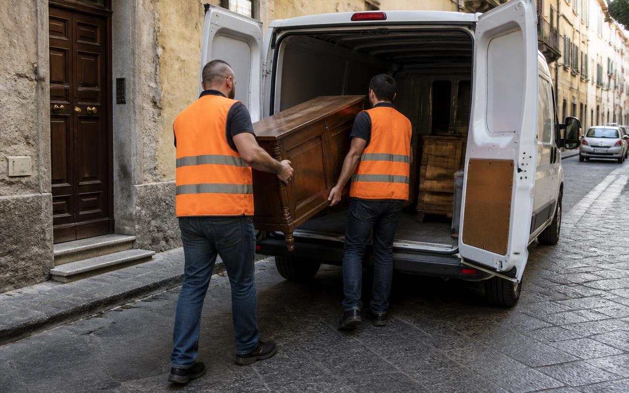 Due operai caricano un mobile vecchio sul furgone durante uno sgombero